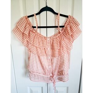 Lauren Conrad XL Checks Please Blouse‎ Orange & White Ruffled Daisy Duke NWT $48